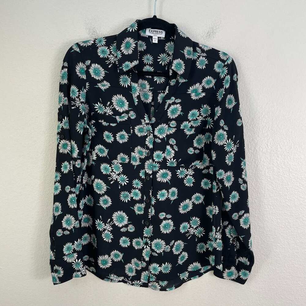 Express‎ Portofino Shirt Womens Small Slim Fit Floral Roll Tab Sleeve Blouse Top